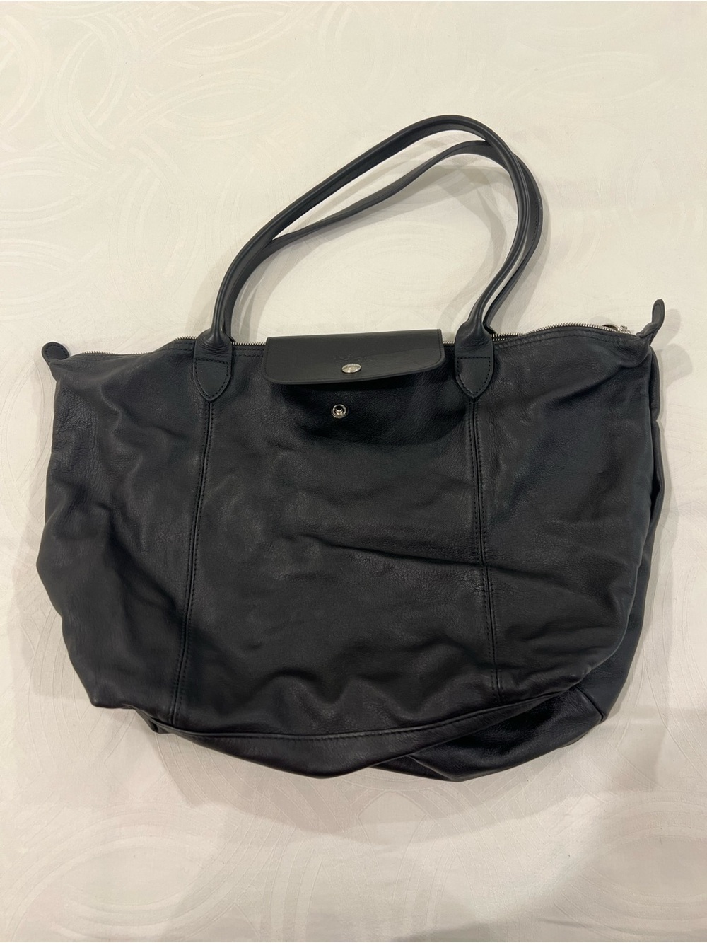 Longchamp Black Leather Fold-Over Tote